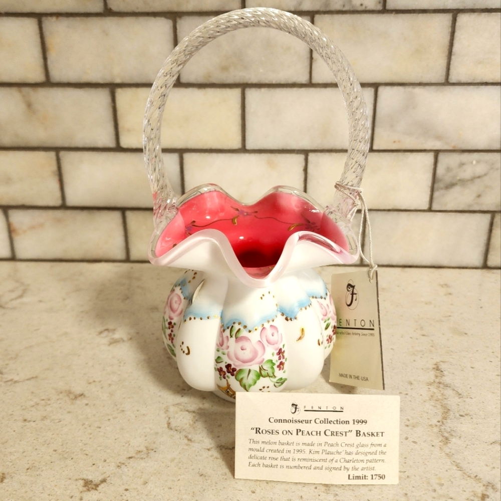 Vtg fenton connoisseur collection 1999 "rose on peach crest" basket sign…